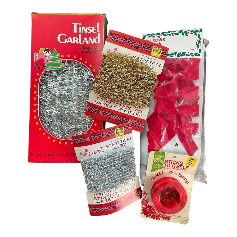 Vintage Christmas Lot Tinsel Garland‎ Metallic Stretch Cord Ribbon Red Tree Bows